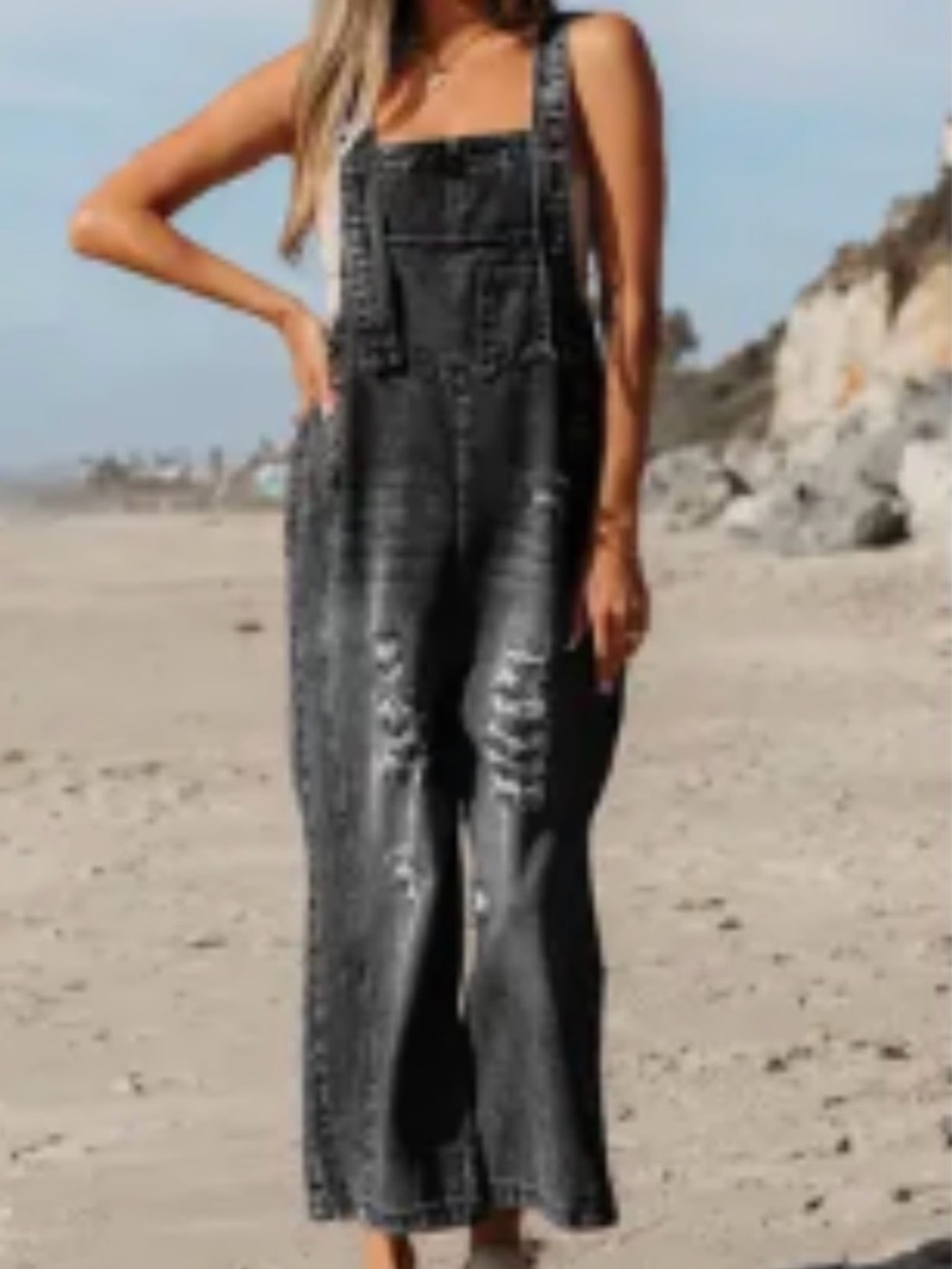 Women's Black Distressed Denim Overalls